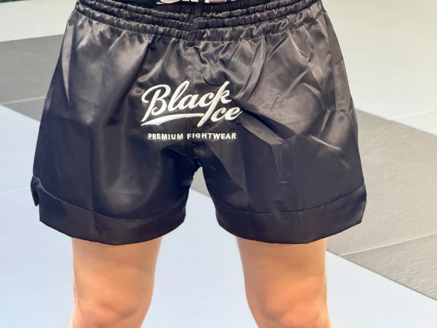 Black Ice Premium Embroidered Muay Thai Shorts - Black